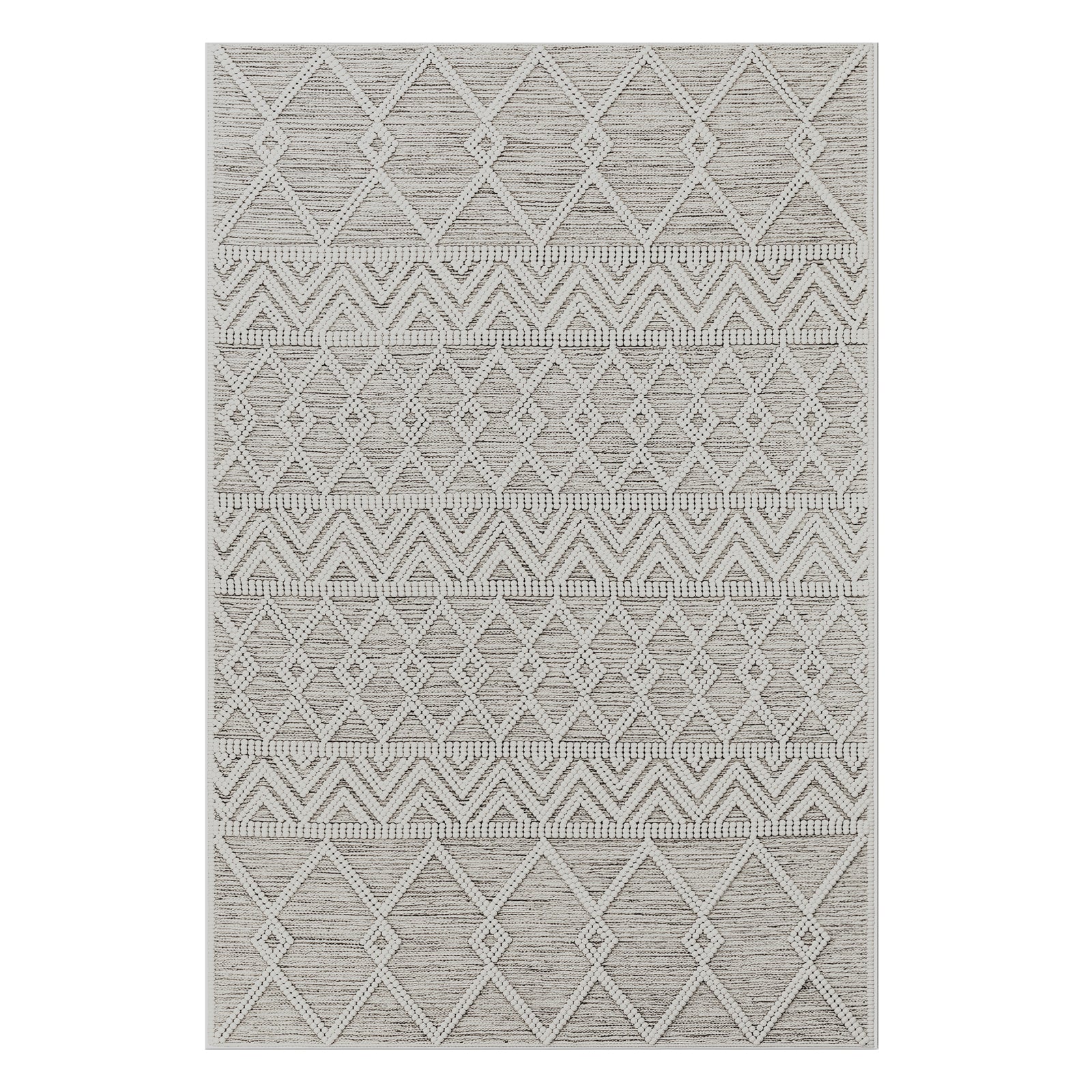 Benita 160x230cm Medium Soft Modern Printed Indoor Floor Rug, featuring neutral-tone textured pile with raised geometric diamond and zigzag patterns in off-white and light beige tones.