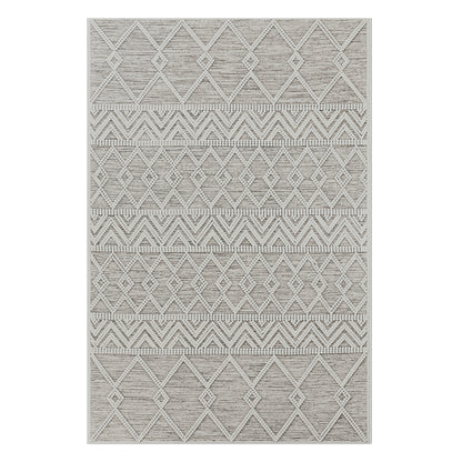 Benita 160x230cm Medium Soft Modern Printed Indoor Floor Rug, featuring neutral-tone textured pile with raised geometric diamond and zigzag patterns in off-white and light beige tones.