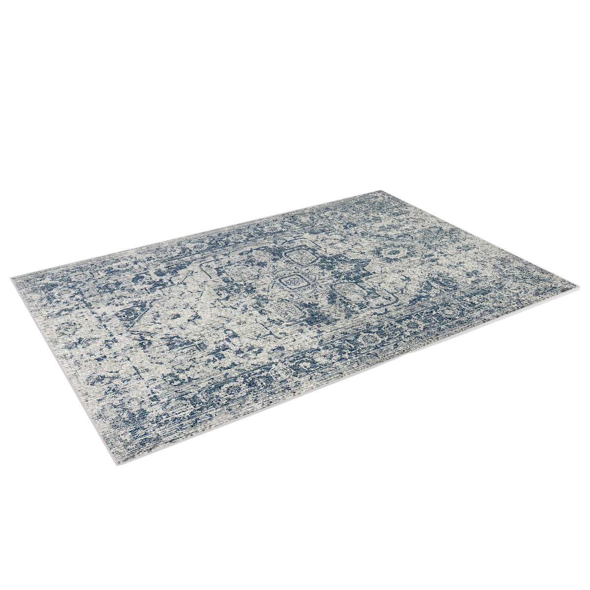 Boda 200x300cm Distressed Persian Silky Indoor Floor Rug with blue and off-white vintage-style medallion and border design, featuring a smooth texture and anti-slip backing.