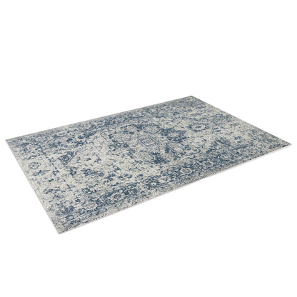 Boda 200x300cm Distressed Persian Silky Indoor Floor Rug with blue and off-white vintage-style medallion and border design, featuring a smooth texture and anti-slip backing.