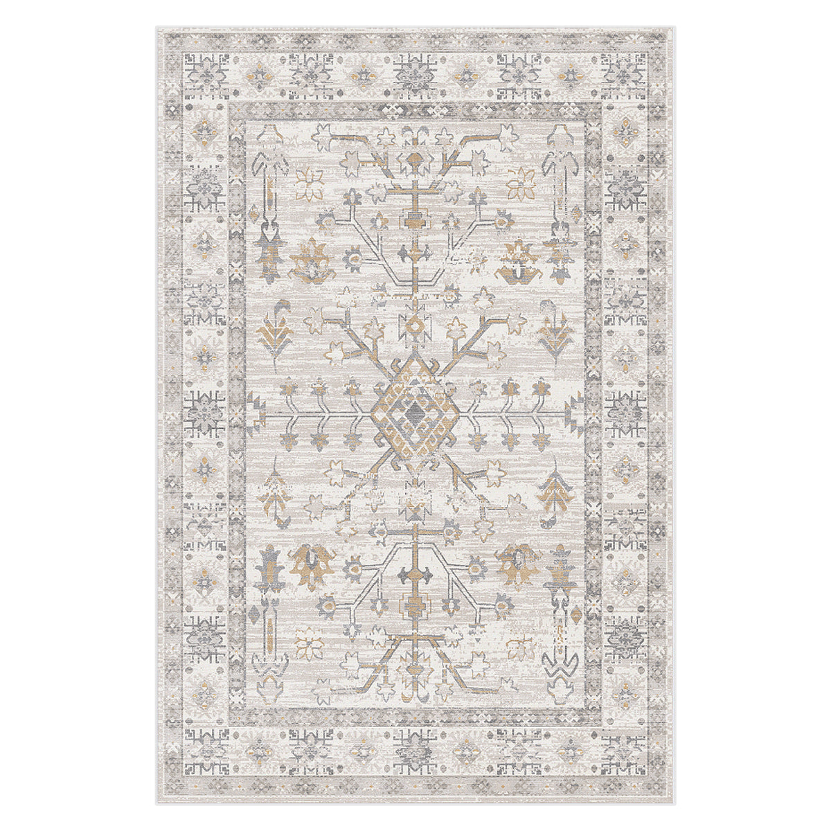 Bortan Persian Indoor Rug 120x180cm, featuring a distressed-look with a central medallion and border motif in muted tones, seamlessly blends style and comfort, crafted from plush polyester.
