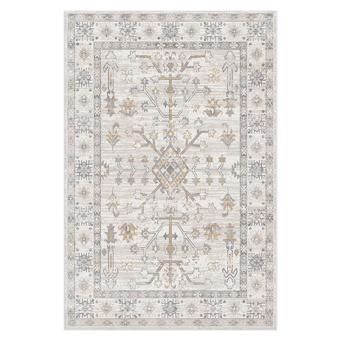 Bortan Persian Indoor Rug 160x230cm showcasing a vintage-inspired Oriental pattern with a central diamond medallion, floral motifs, and geometric border in neutral tones.