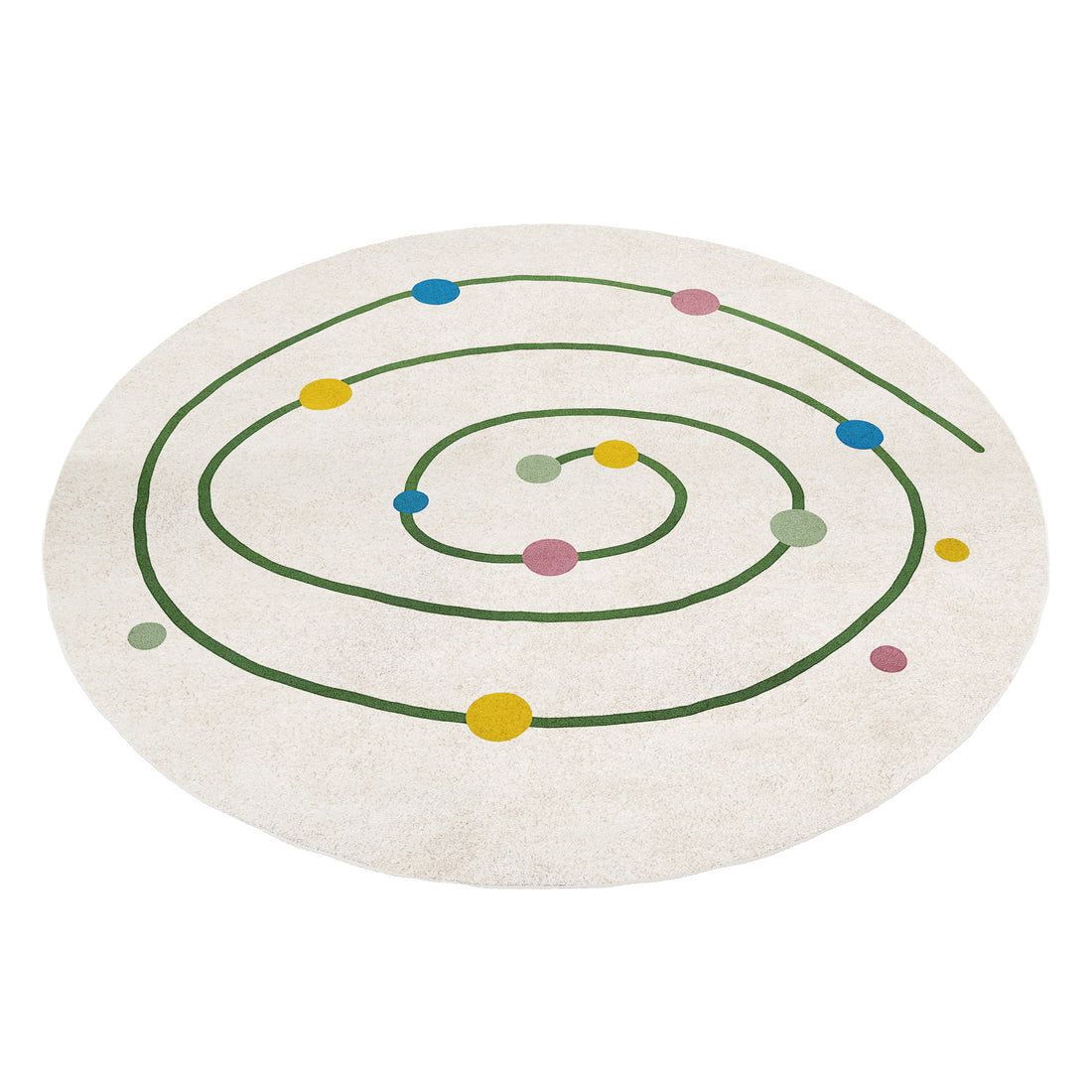 Callista 160cm Kids Round Colourful Spot Indoor Floor Rug features an off-white base with a playful green spiral and assorted colored circles, creating a modern, vibrant look perfect for children's spaces.
