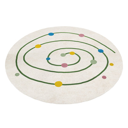 Callista 160cm Kids Round Colourful Spot Indoor Floor Rug features an off-white base with a playful green spiral and assorted colored circles, creating a modern, vibrant look perfect for children's spaces.