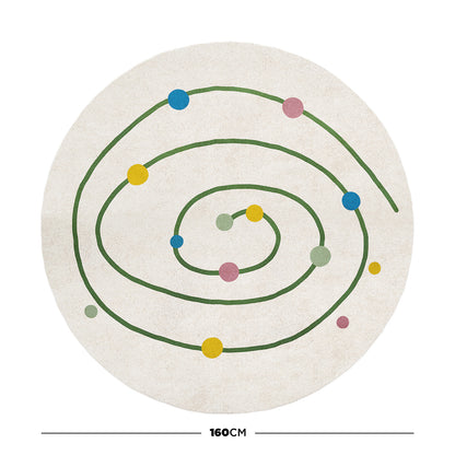Callista 160cm Kids Round Colourful Spot Indoor Floor Rug featuring a hand-drawn green spiral and scattered blue, pink, yellow, and light green circles on an off-white background.