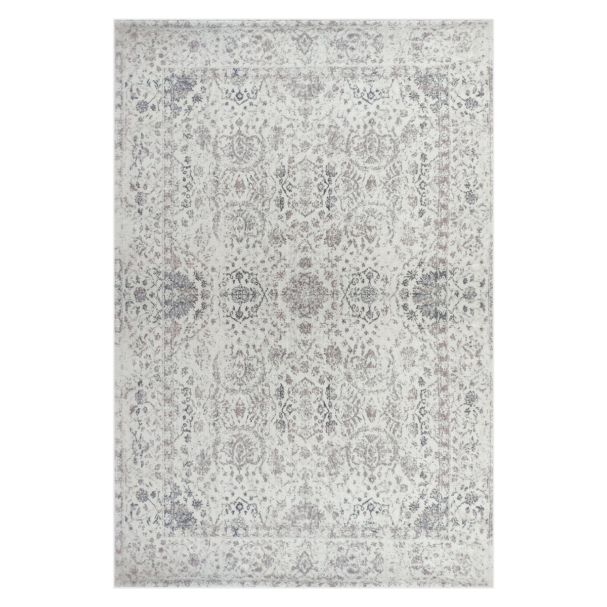 Cesco 200x300cm Polyester Persian Printed Indoor Floor Rug featuring a distressed cream base with faded medallion and floral motifs in grey and taupe, surrounded by a thin, aged border.