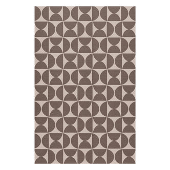 Dolly Brown Outdoor Floor Rug - 200 x 300cm. Geometric circle pattern in brown and beige tones. Flat-woven texture. Rectangle