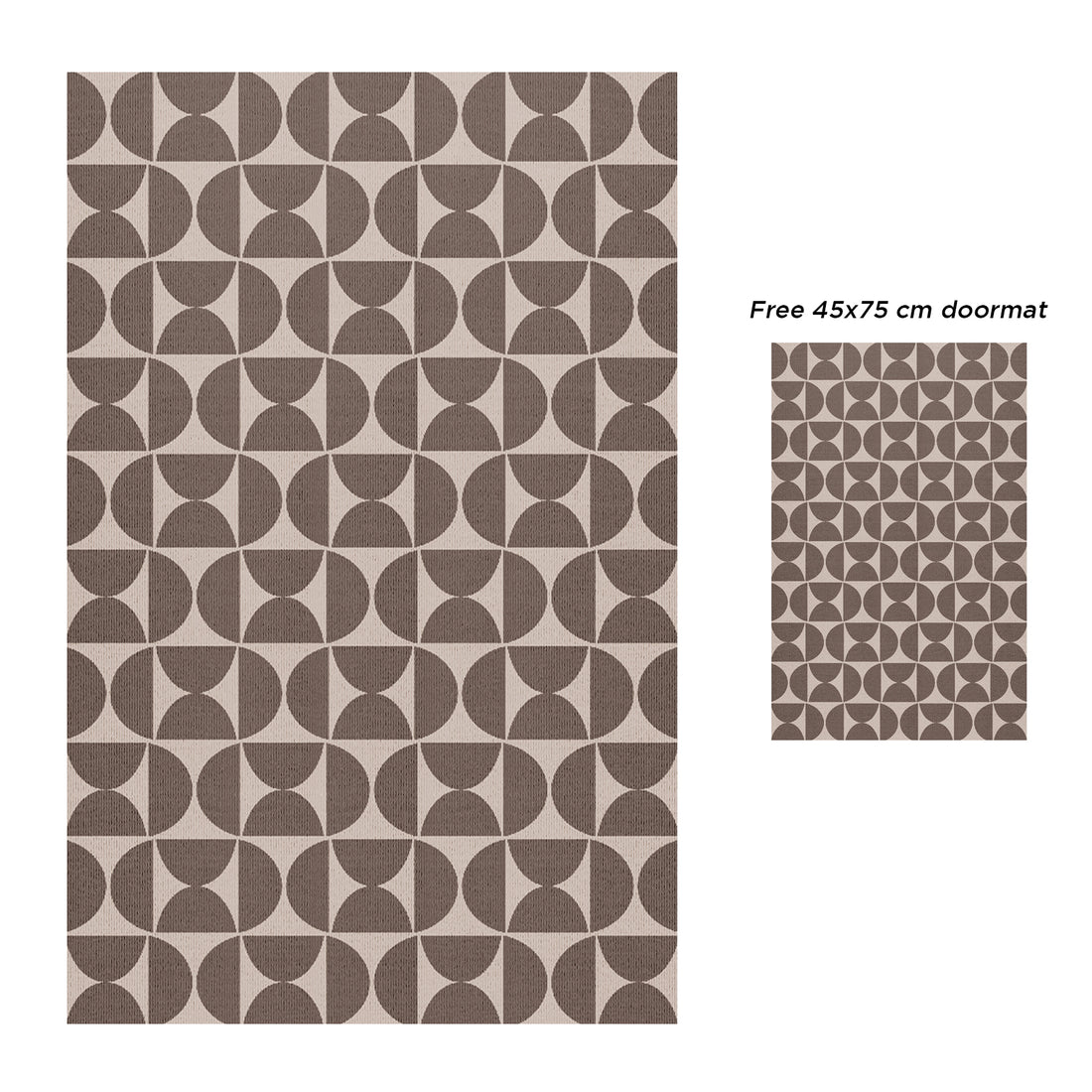 Dolly Brown Outdoor Floor Rug 200x300cm with geometric circle pattern, includes free 45x75cm doormat