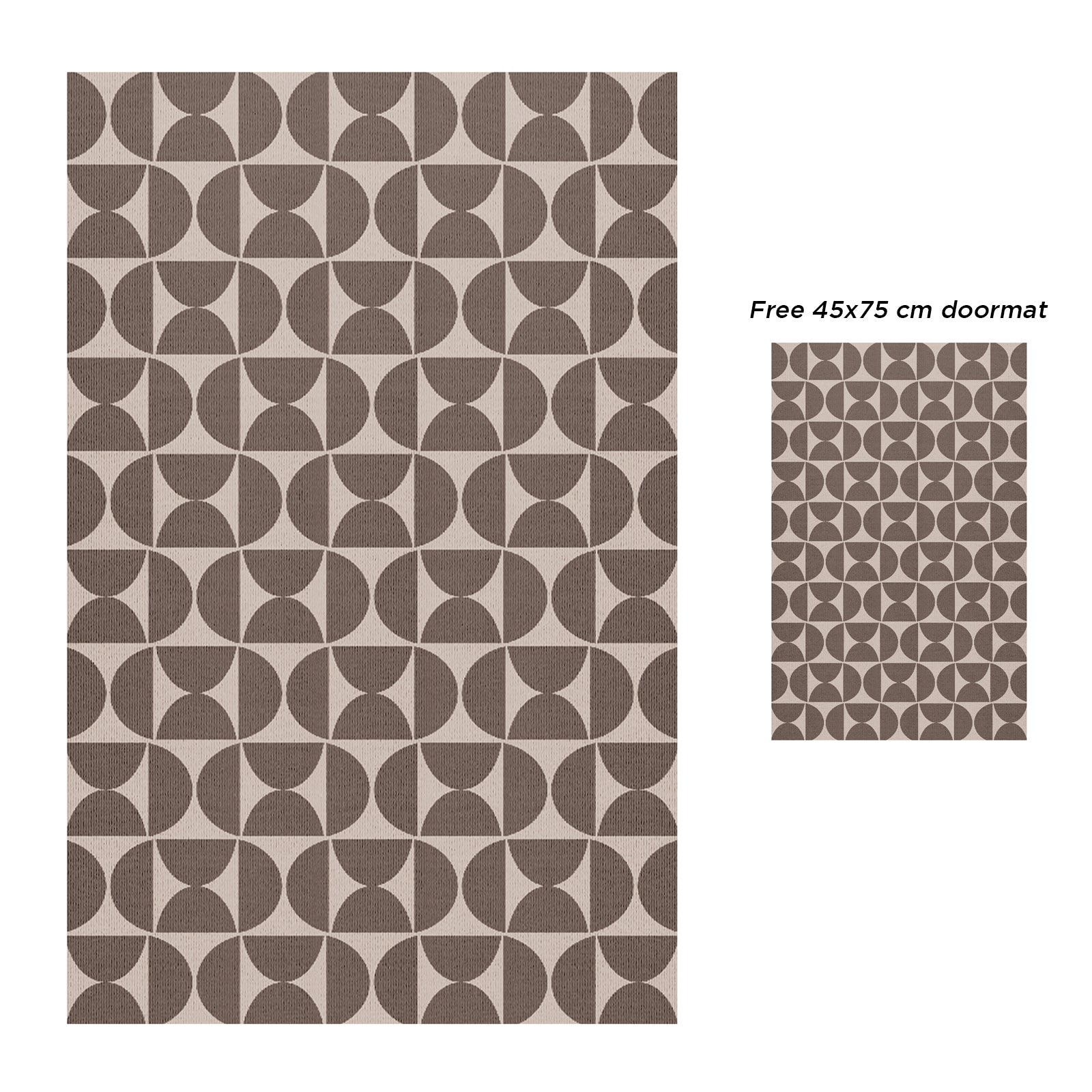 Dolly Brown Outdoor Floor Rug 200x300cm with geometric circle pattern, includes free 45x75cm doormat