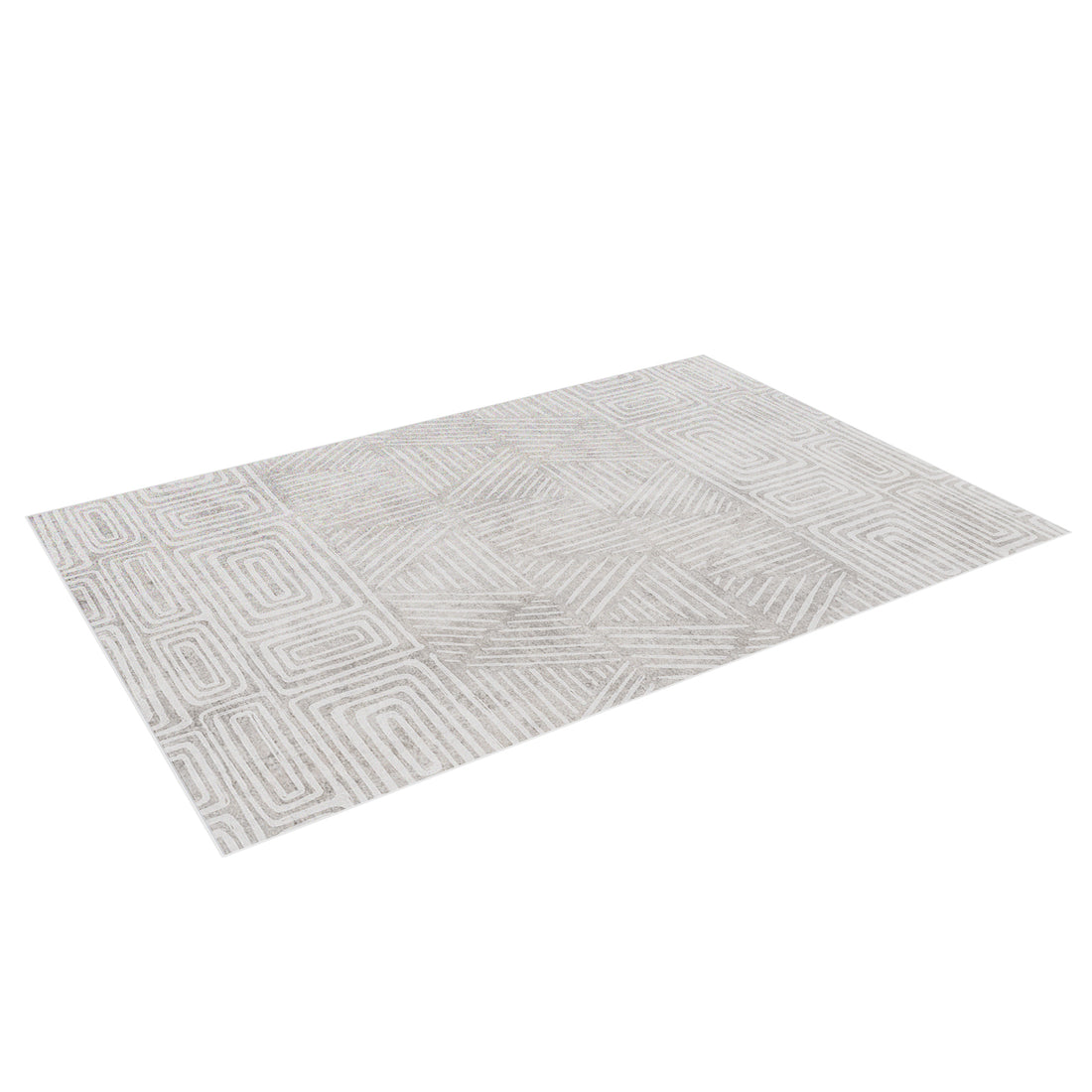 Duved contemporary indoor floor rug with geometric pattern in grey and white tones, shown at an angle. 160 x 230cm