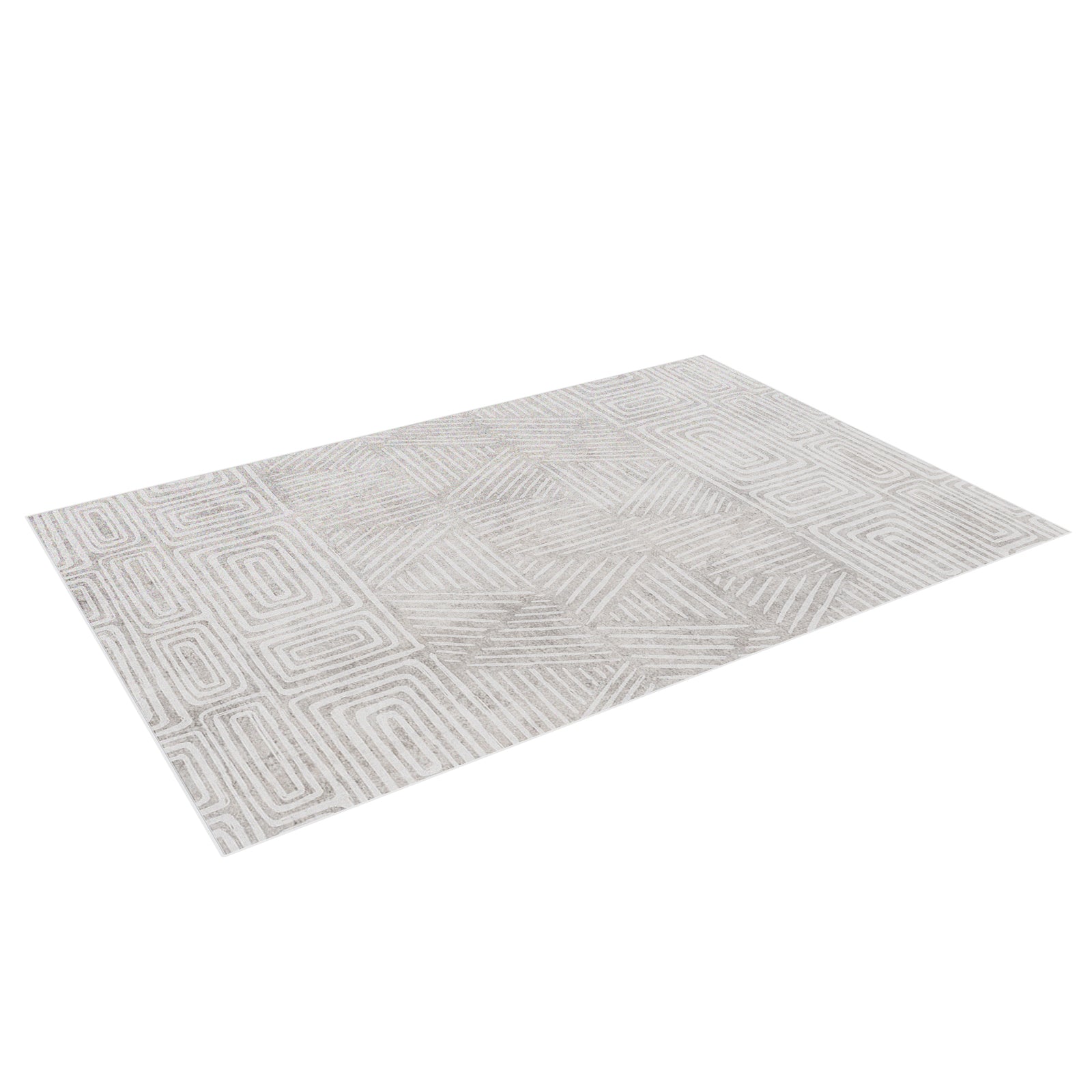 Duved contemporary indoor floor rug with geometric pattern in grey and white tones, shown at an angle. 160 x 230cm