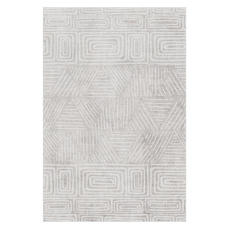 Duved 200x300cm Large Contemporary Indoor Floor Rug features a light-beige background with white linear motifs, including concentric rectangles and zig-zag stripes, creating a modern geometric design.