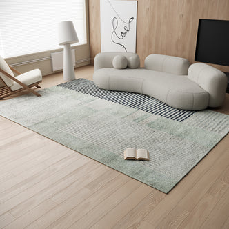 Elimas Soft Contemporary Printed Rug 160x230cm displayed on a carpeted floor, featuring a modern design. An open book and a lamp by a window enhance the cozy indoor setting.