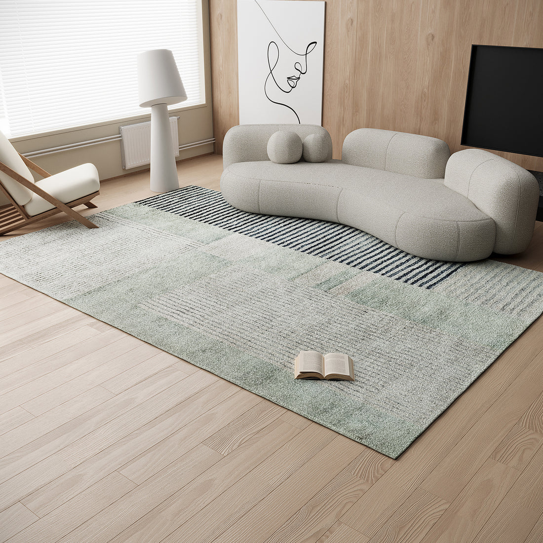 Elimas 200x300cm Soft Contemporary Printed Floor Rug lies on the floor, showcasing its muted navy and pale green stripes, complementing the minimalist living room's organic sofa and wood-paneled backdrop.