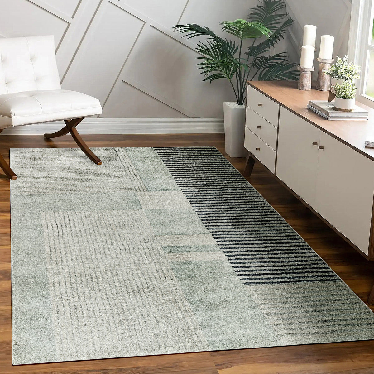 Elimas Soft Contemporary Printed Rug 200x300cm showcased on a floor, highlighting its modern pattern and plush 12mm pile, complemented by nearby furniture and a plant, enhancing a stylish indoor setting.