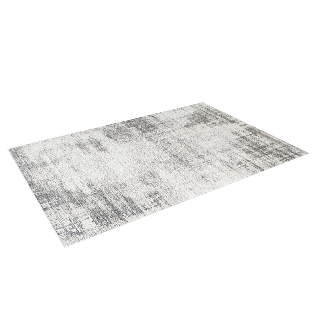 Franco 120x180cm Small Tufted Contemporary Indoor Rug features an abstract, distressed pattern in shades of gray and off-white, enhancing modern decor with its thin, plush design against a white background.