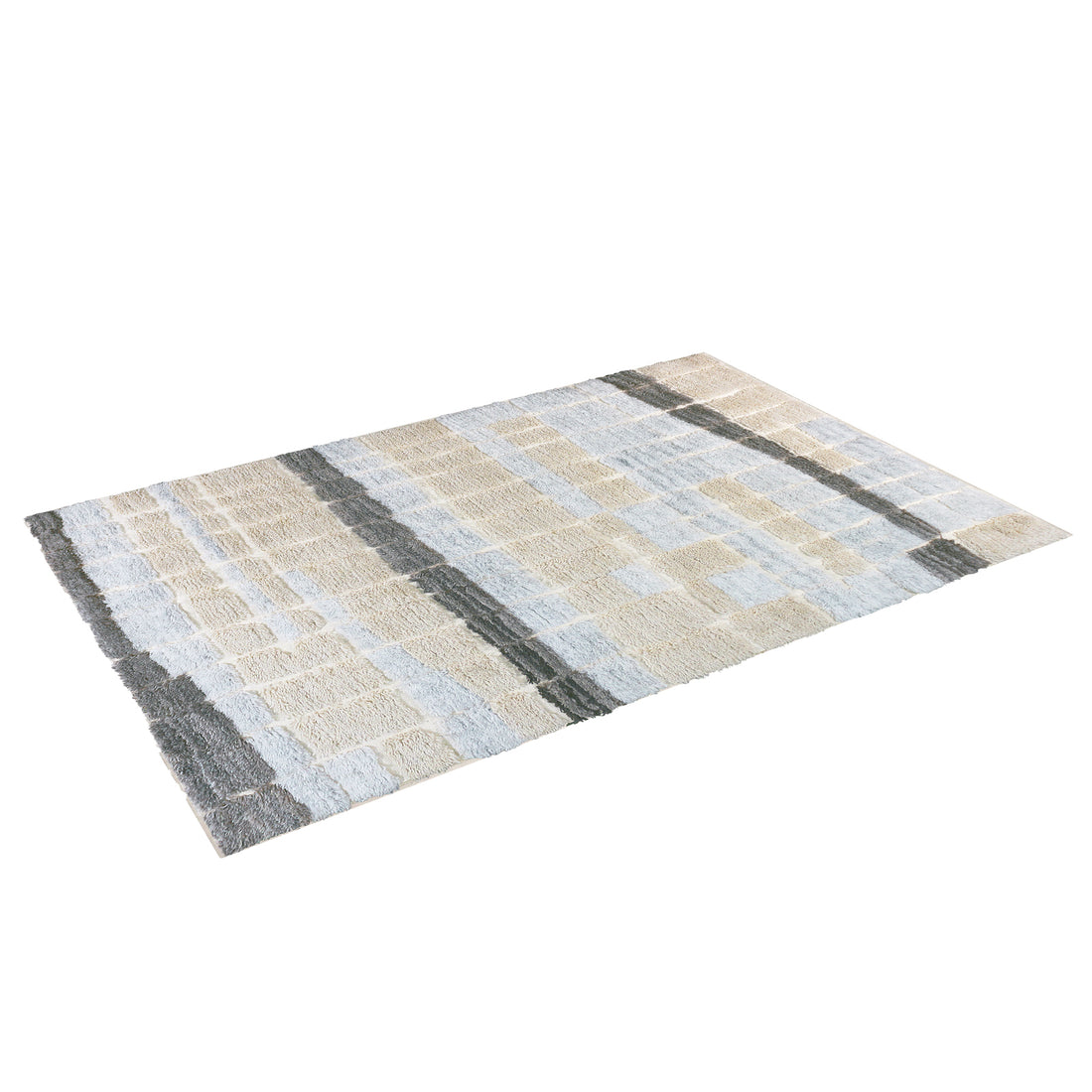 Isaac Wool Blend Handwoven Shag Rug 120x180cm features a low-pile, shaggy texture with a muted block-style pattern and darker gray vertical stripes, photographed on a white background.
