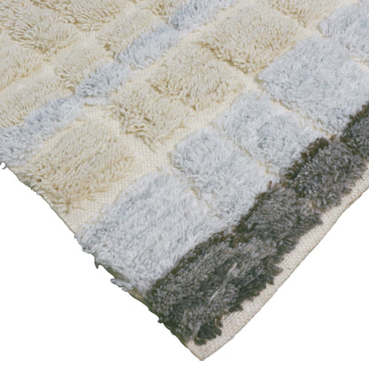 Close-up of Isaac 200x300cm Abstract Wool Blend Handwoven Shag Rug, showcasing tufted texture with square piles in neutral tones against flat woven backing, highlighting its plush 3D shaggy design.