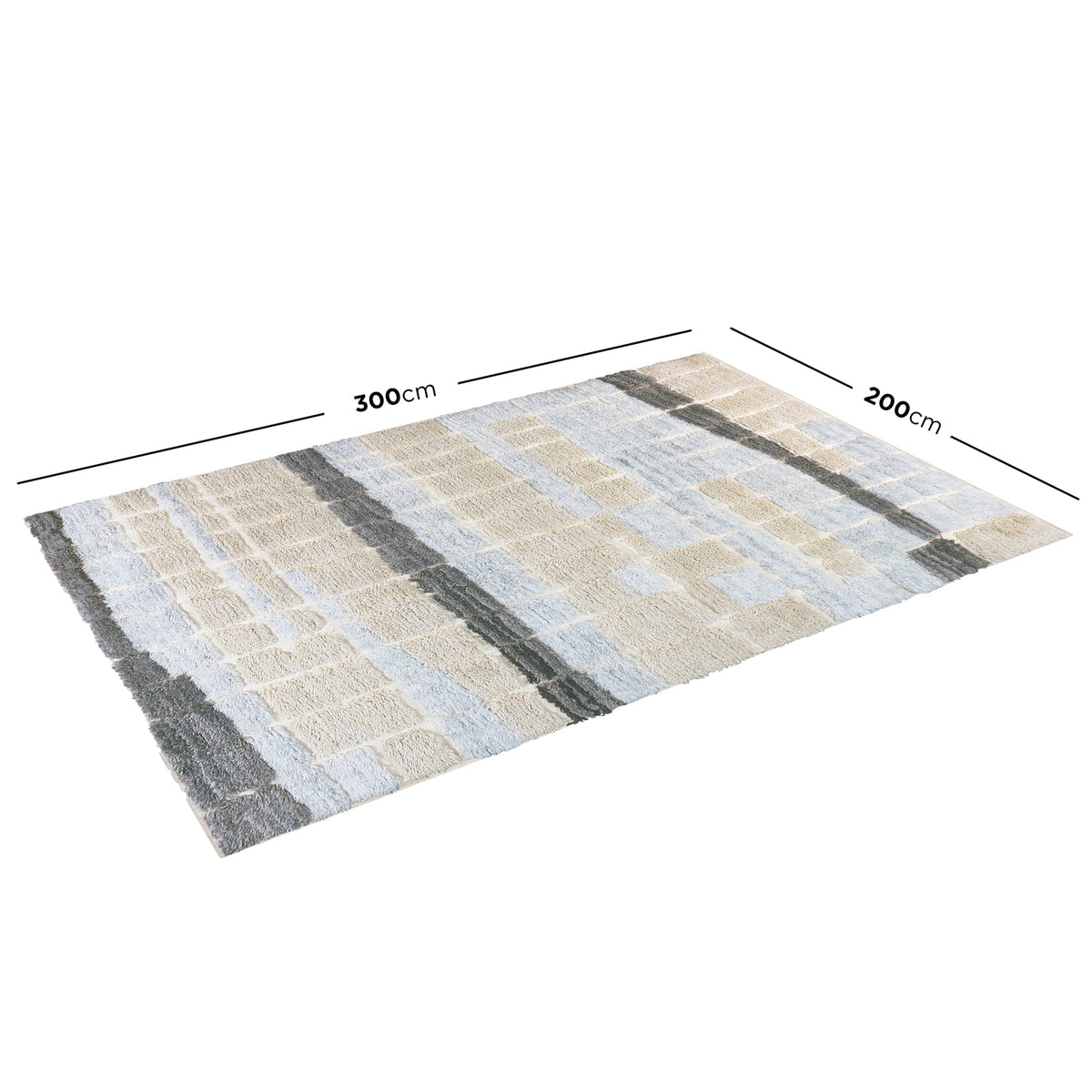 Isaac 200x300cm Abstract Wool Blend Handwoven Shag Rug features a patchwork grid of pale textures, showcasing a shaggier texture, dimension lines, and labels against a white background. - Dimensions