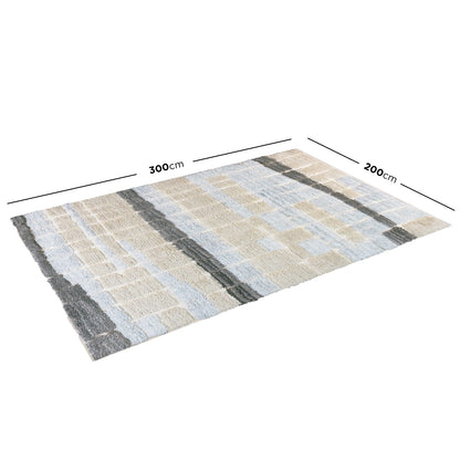 Isaac 200x300cm Abstract Wool Blend Handwoven Shag Rug features a patchwork grid of pale textures, showcasing a shaggier texture, dimension lines, and labels against a white background. - Dimensions