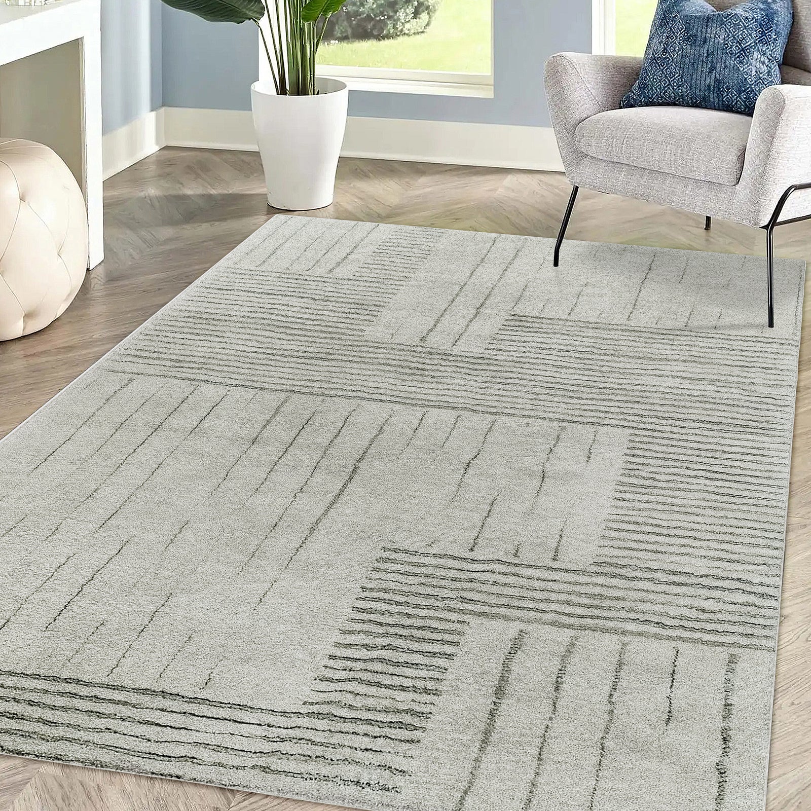 Jabeza Soft Contemporary Printed Rug 200x300cm showcased on a floor, highlighting its 12mm pile height and modern design, emphasizing the durable polyester texture with anti-slip backing.