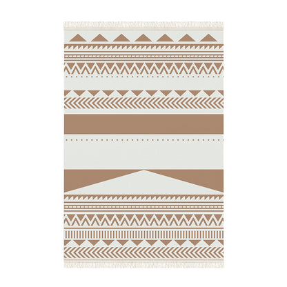 Kaley 160x230cm Woven Cotton Blend Tasseled Indoor Rug features geometric patterns with triangles, zigzags, dotted lines, and fringes, offering a contemporary tribal style for versatile home decor.