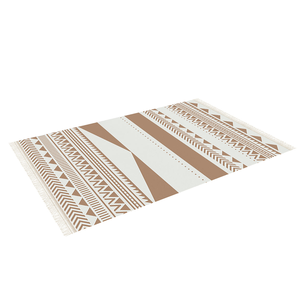 Kaley 160x230cm Woven Cotton Blend Tasseled Indoor Rug features cream and tan bands with geometric and tribal-inspired motifs and fringe at both ends, offering a stylish, contemporary touch.