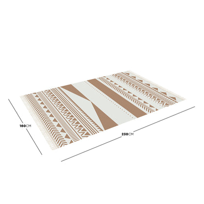 Kaley 160x230cm Woven Cotton Blend Tasseled Indoor Rug featuring cream and light-tan tribal motifs with zig-zags, chevrons, and fringes on a white background.