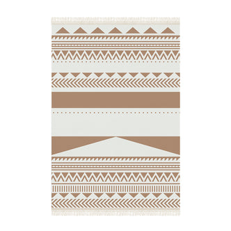 Kaley 200x300cm Woven Cotton Blend Tasseled Indoor Rug features neutral-toned geometric patterns with fringed edges, adding contemporary elegance to any room.