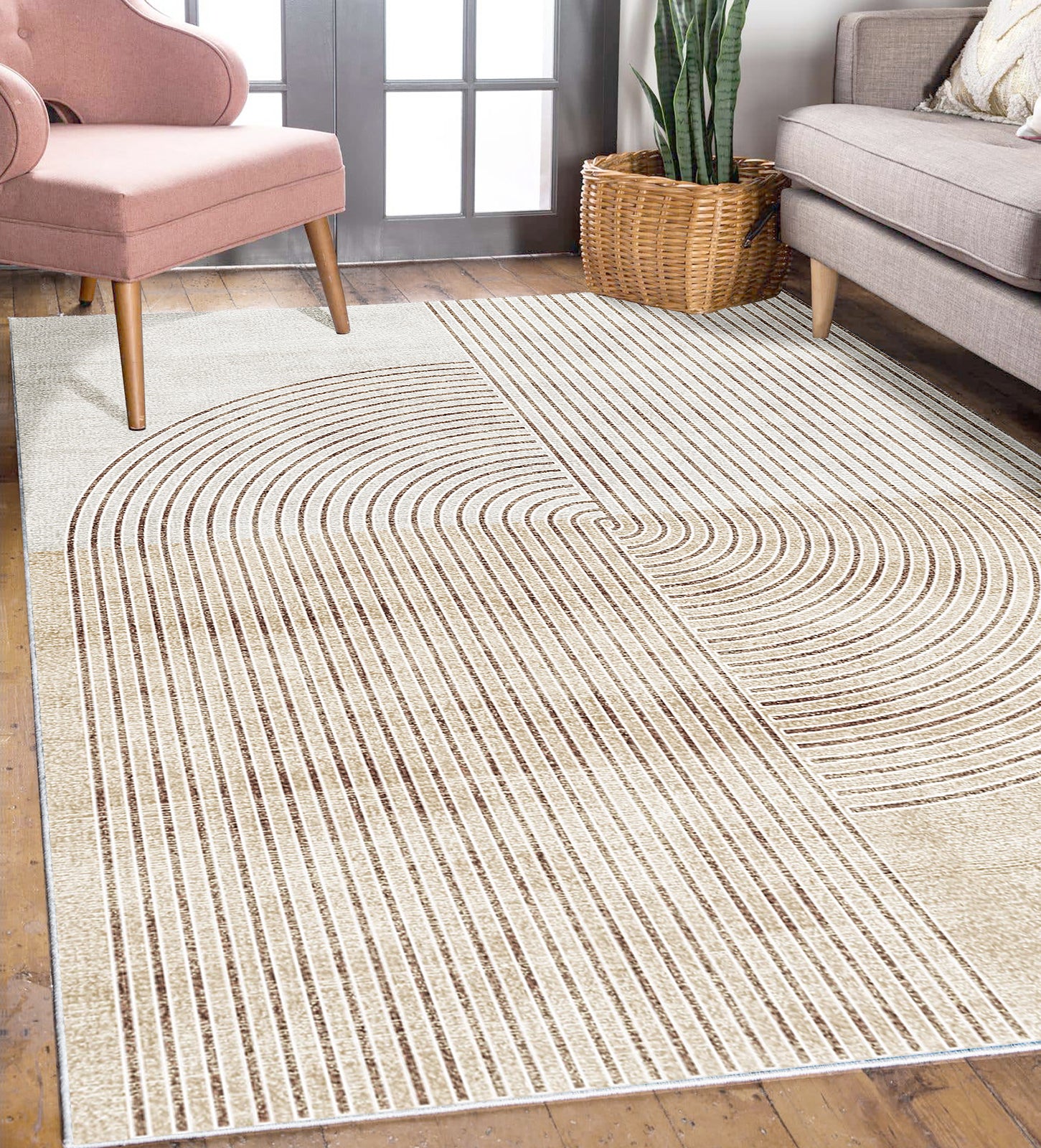 Lunder Modern Abstract Floor Rug 120 x 180cm with curved line pattern in neutral tones on wooden floor