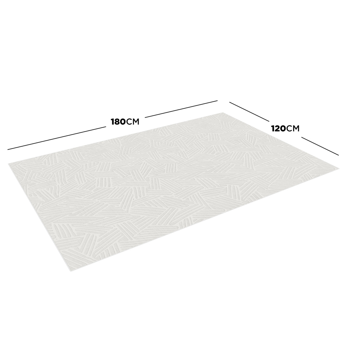 Malung 120x180cm Contemporary Indoor Floor Rug features a cream hue with a subtle embossed geometric pattern, highlighted by size indicators.
