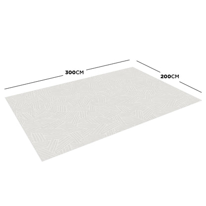 Malung 200x300cm Contemporary Indoor Floor Rug displayed flat, showcasing its cream surface with a subtle geometric pattern, emphasizing modern design and high-quality polyester material for durability and style.