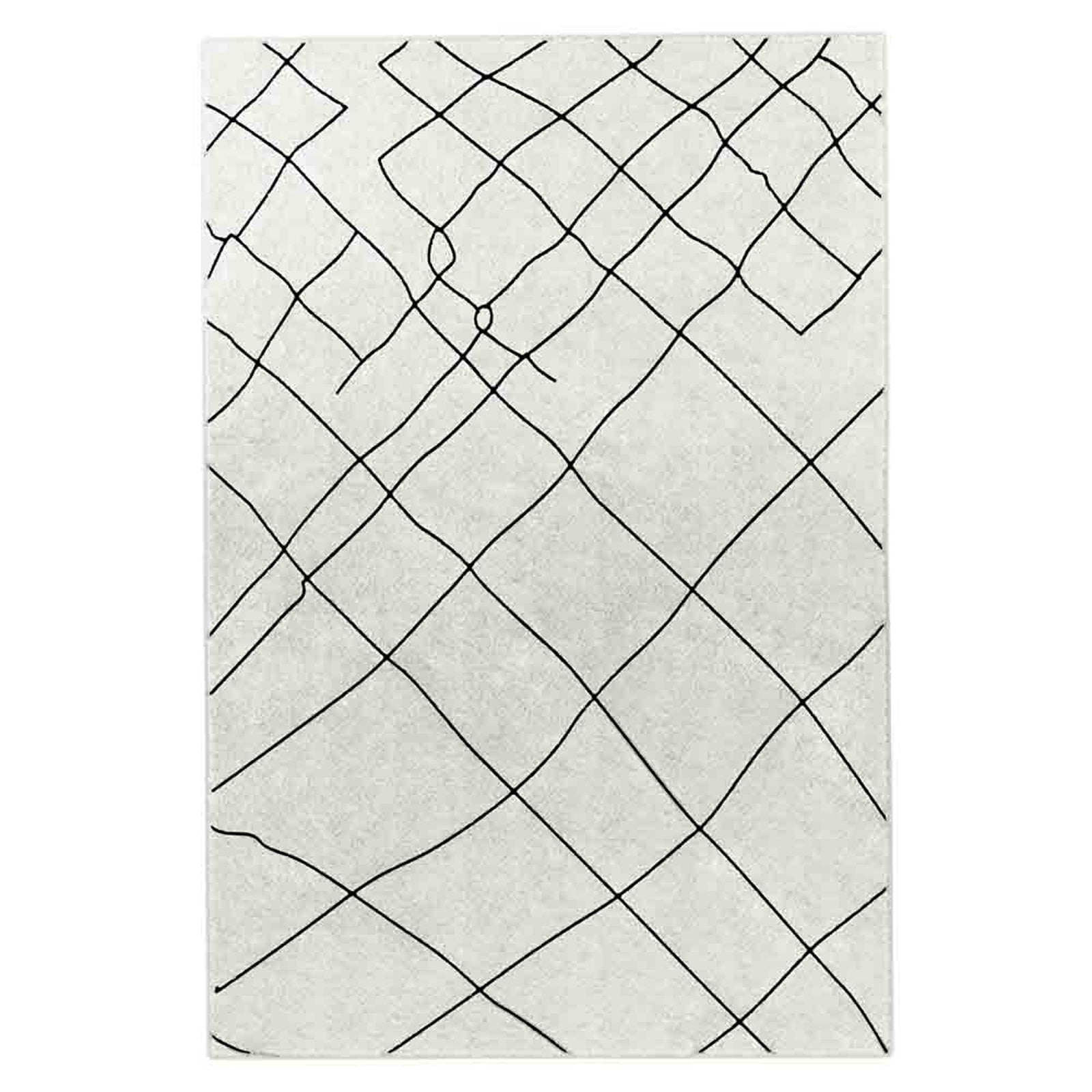 Melody Black and White Modern Floor Rug 200 x 300cm features a pale background with a loose, irregular grid of thin black lines, creating a freehand, net-like pattern for a Scandinavian-inspired look.