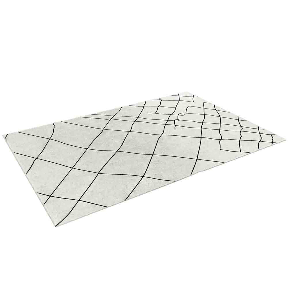 Melody Black and White Modern Floor Rug 200 x 300cm features a cream surface with an irregular black grid-line pattern, embodying a Scandinavian-inspired design ideal for high-traffic areas like dining or living rooms.