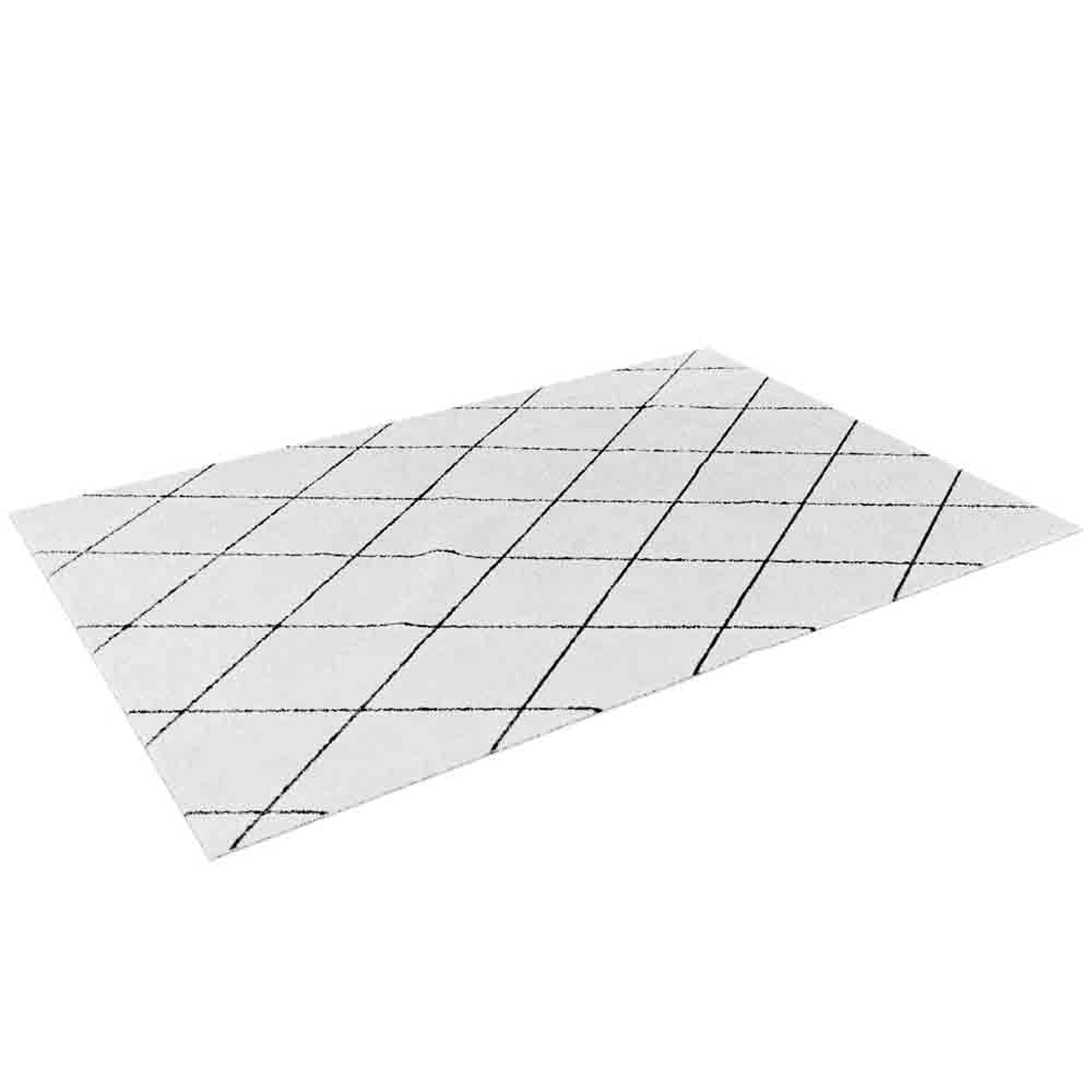 Milani 160x230cm Contemporary Printed Indoor Floor Rug features a minimalist black grid pattern on a white surface, highlighting its Scandinavian-inspired design, perfect for modern living spaces.
