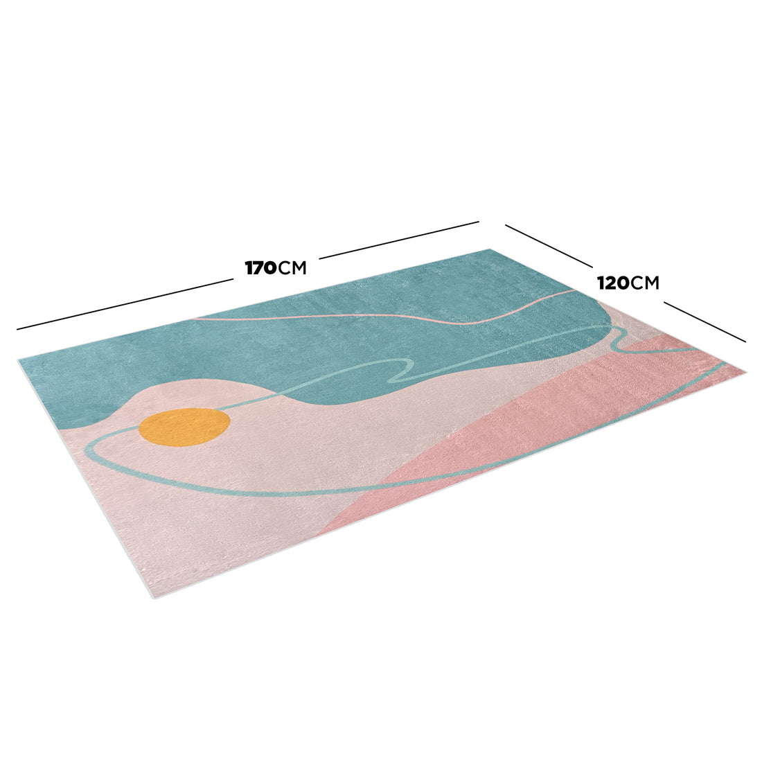Narsen 120x170cm Kids Modern Abstract Floor Rug, featuring a wavy pastel pattern with turquoise, pink, and a mustard-yellow circle, laid out with labeled dimensions for a cozy and stylish kids' room.