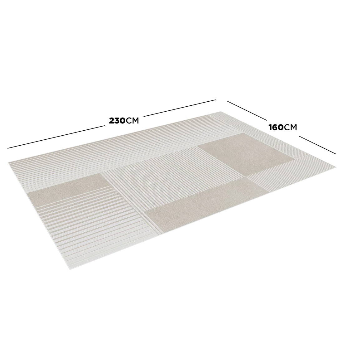 Nicho 160x230cm Polyester Tufted Modern Abstract Indoor Rug with geometric patchwork of solid and striped beige blocks, displayed flat with dimension lines. - Dimensions
