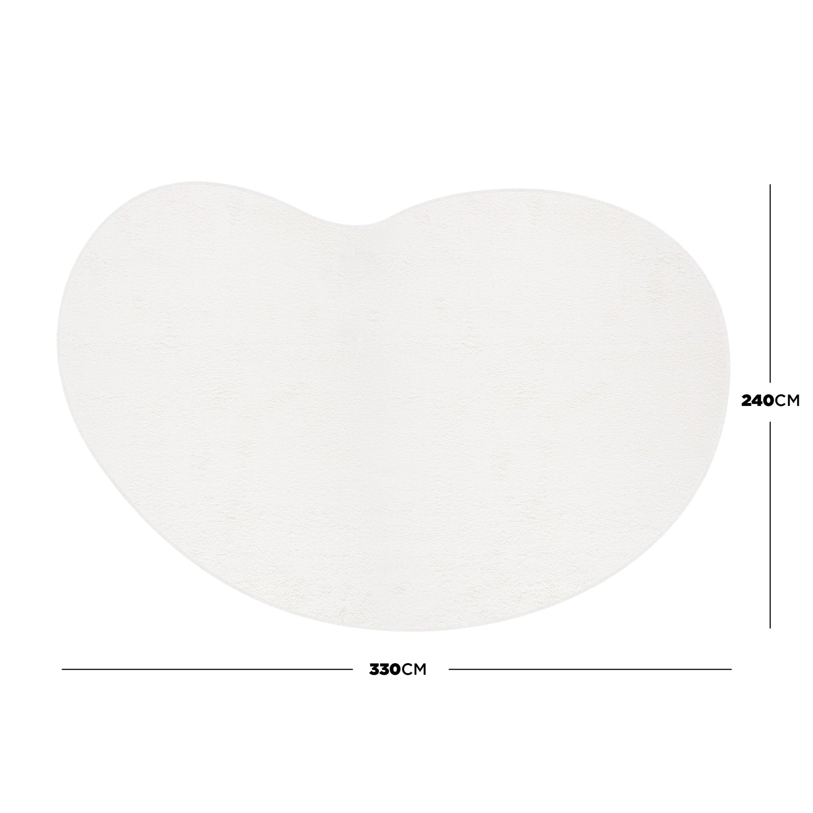 Parna Curved 240x330cm Large Shag Rug in Cream White, bean-shaped with a plush texture, shown flat with dimensions 330cm wide by 240cm high on a white background.