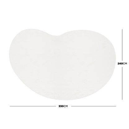 Parna Curved 240x330cm Large Shag Rug in Cream White, bean-shaped with a plush texture, shown flat with dimensions 330cm wide by 240cm high on a white background.