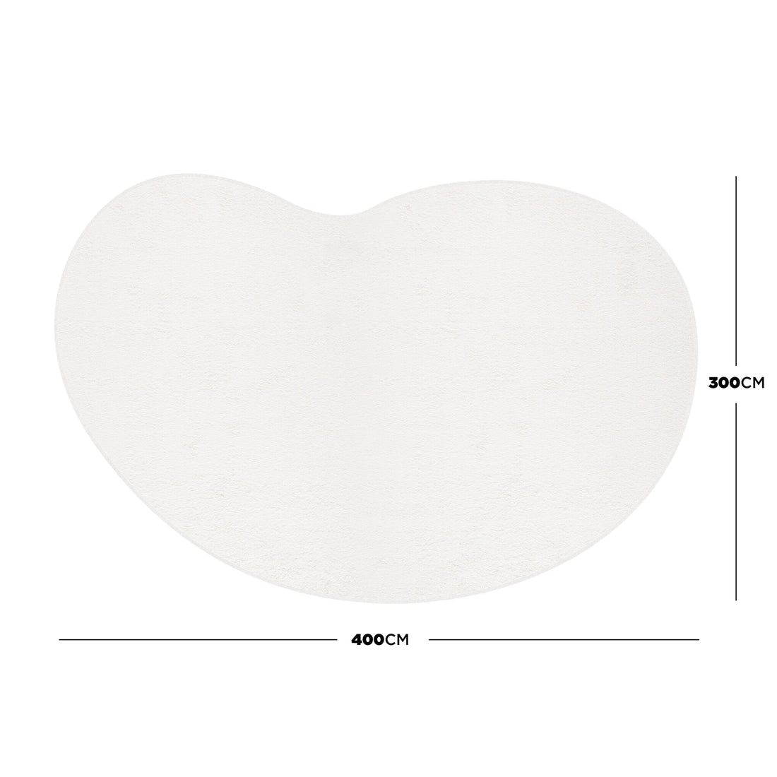 Parna Curved 300x400cm Large Shag Rug in Cream White, bean-shaped with dimension lines, showcasing its expansive size, plush texture, and unique curved design for modern, spacious interiors.