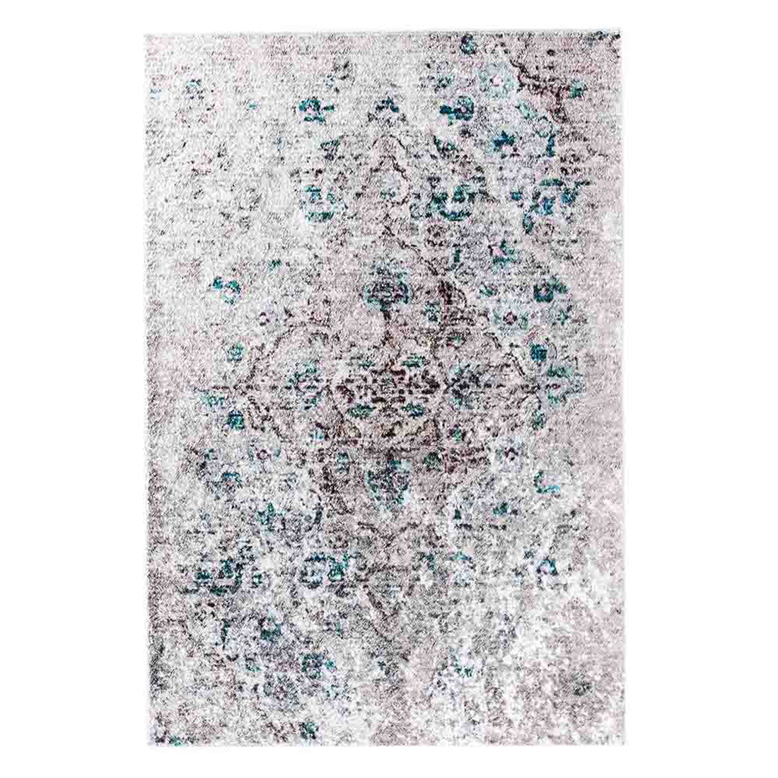 Riana Distressed Faded Design Rug 160x230cm features a close-up view highlighting its intricate Persian-inspired medallion pattern with a vintage, distressed texture, ideal for adding elegance and warmth to high-traffic areas.