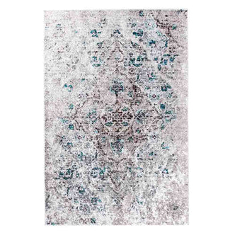 Riana Distressed Faded Design Rug 160x230cm features a close-up view highlighting its intricate Persian-inspired medallion pattern with a vintage, distressed texture, ideal for adding elegance and warmth to high-traffic areas.