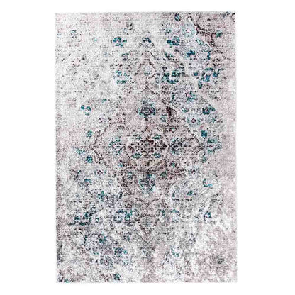 Riana Distressed Faded Design Rug 160x230cm features a close-up view highlighting its intricate Persian-inspired medallion pattern with a vintage, distressed texture, ideal for adding elegance and warmth to high-traffic areas.