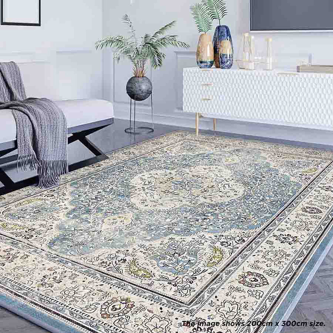 Roshni Distressed Persian Silky Rug 160x230cm displayed on a wooden floor, showcasing intricate floral medallion design, soft texture, and vintage-inspired distressed detailing with anti-slip backing.