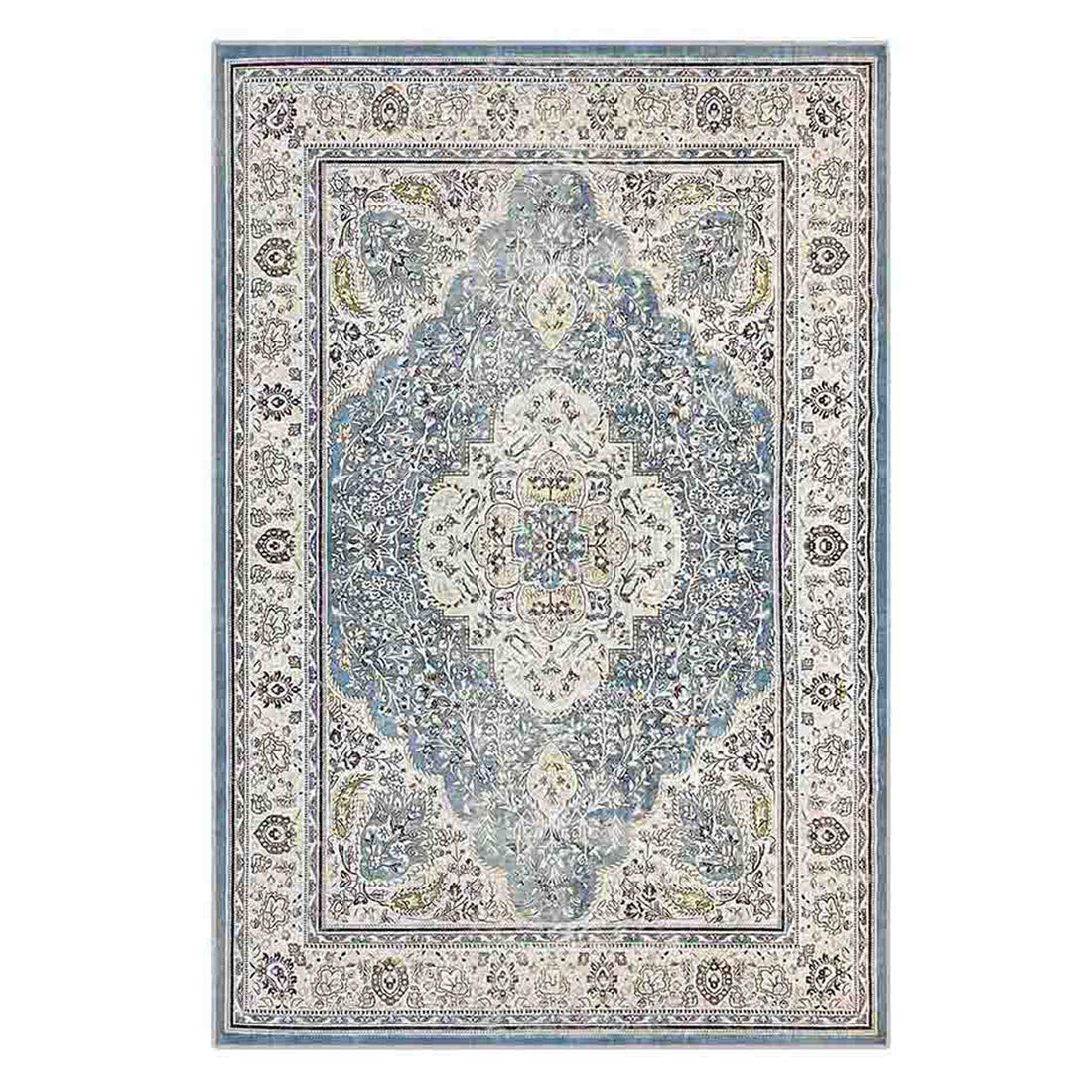 Close-up of the Roshni Distressed Persian Silky Rug 200x300cm, showcasing its intricate floral medallion design with a vintage distressed look, emphasizing its soft, luxurious texture.
