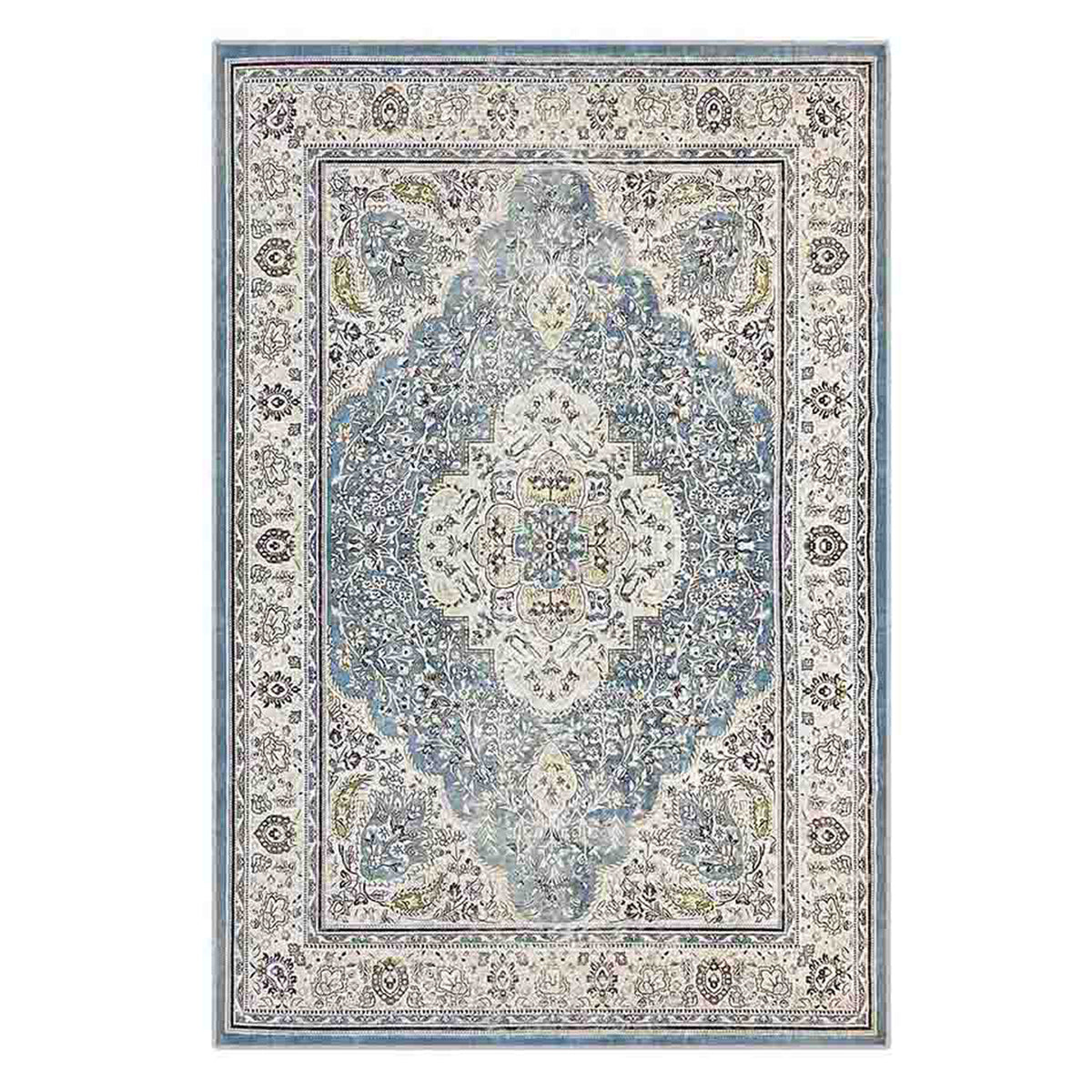 Close-up of the Roshni Distressed Persian Silky Rug 200x300cm, showcasing its intricate floral medallion design with a vintage distressed look, emphasizing its soft, luxurious texture.