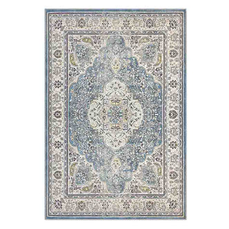 Close-up of the Roshni Distressed Persian Silky Rug 200x300cm, showcasing its intricate floral medallion design with a vintage distressed look, emphasizing its soft, luxurious texture.