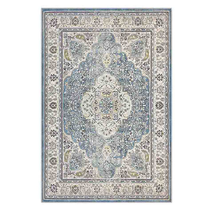 Close-up of the Roshni Distressed Persian Silky Rug 200x300cm, showcasing its intricate floral medallion design with a vintage distressed look, emphasizing its soft, luxurious texture.