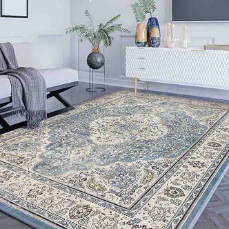Roshni Distressed Persian Silky Rug 200x300cm elegantly adorns a room floor, showcasing intricate floral medallion patterns and a vintage look, enhancing the space with its luxurious, soft texture.