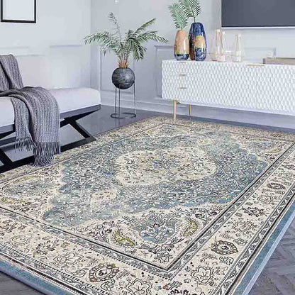Roshni Distressed Persian Silky Rug 200x300cm elegantly adorns a room floor, showcasing intricate floral medallion patterns and a vintage look, enhancing the space with its luxurious, soft texture.